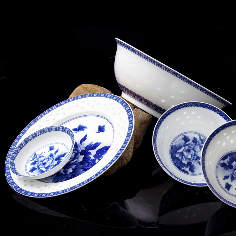 古鎮陶瓷 景德鎮中式釉中青花餐具家用碗碟盤套裝禮品陶瓷碗盤子 花開富貴 祥風時雨