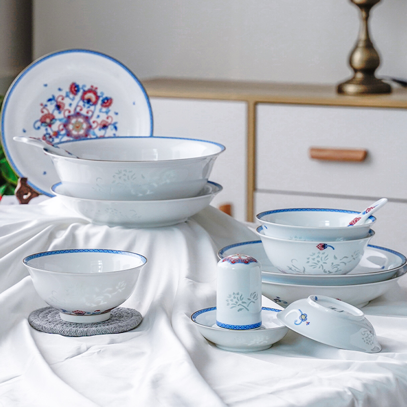 古鎮陶瓷景德鎮碗碟套裝餐具小清新中式玲瓏結婚禮盒家用套碗盤裝