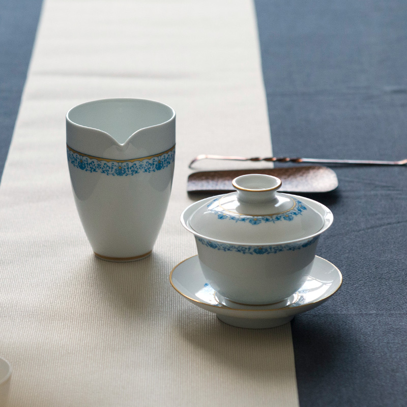 古鎮陶瓷 景德鎮功夫茶具套裝茶道茶杯泡茶家用實木茶道杯整套套裝 新中式簡藍套組