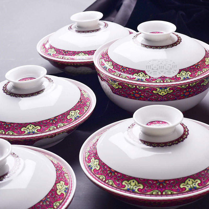 古鎮陶瓷 景德鎮陶瓷帶蓋碗湯碗深盤菜盤7寸盤子琺瑯彩合器餐具