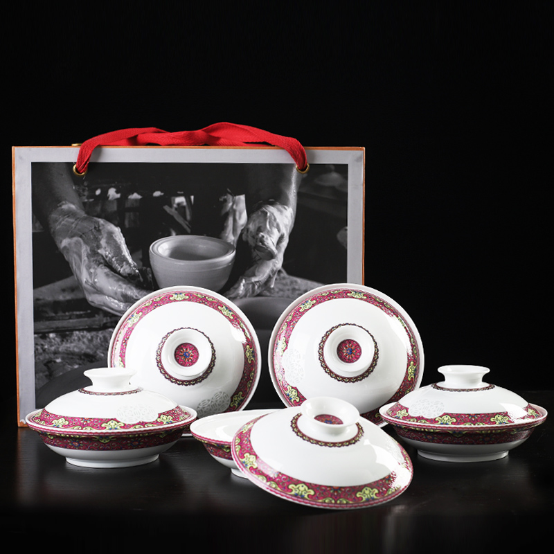 古鎮陶瓷 景德鎮陶瓷帶蓋碗湯碗深盤菜盤7寸盤子琺瑯彩合器餐具