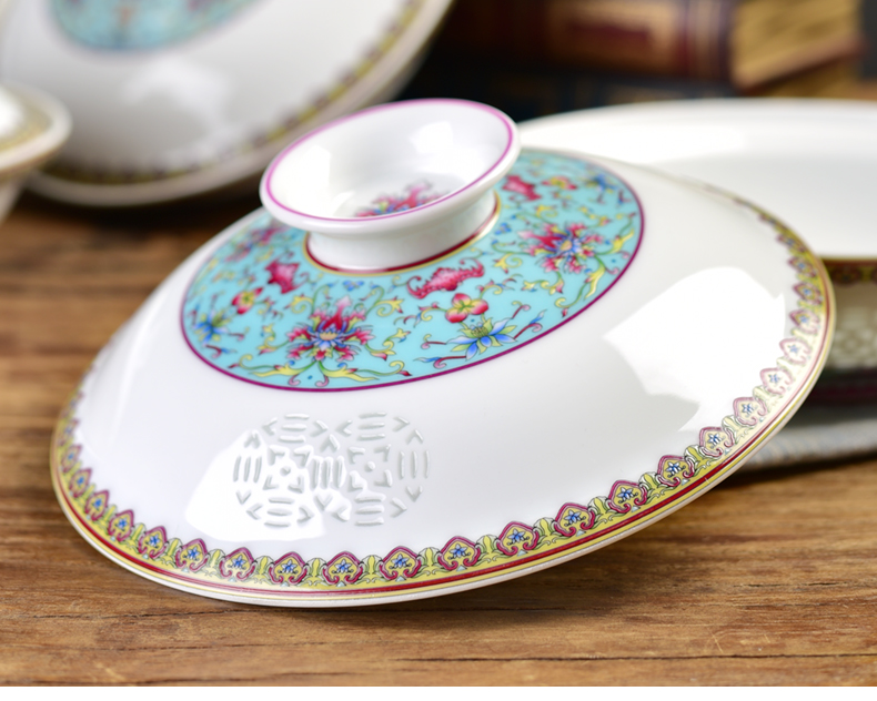 古鎮陶瓷 景德鎮陶瓷帶蓋碗湯碗深盤菜盤盤子琺瑯彩吉祥合器餐具
