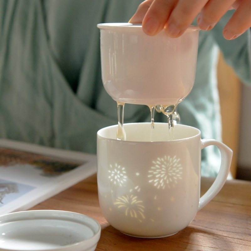 景德鎮泡茶杯陶瓷分離馬克杯玲瓏杯帶蓋過濾杯主人杯子白瓷快客杯