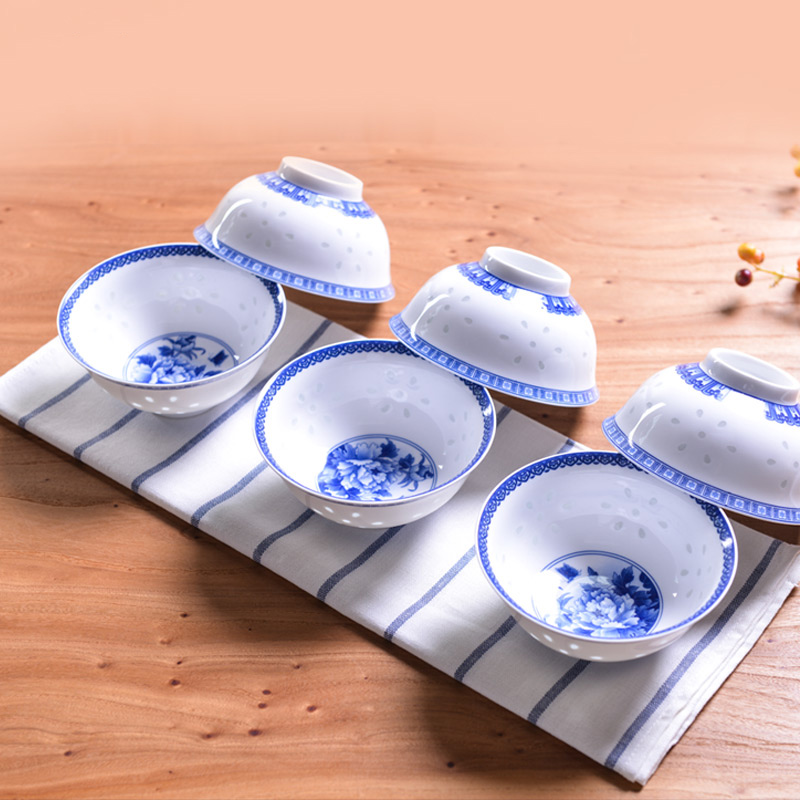 古鎮陶瓷 景德鎮瓷器飯碗中式家用簡約玲瓏飯碗小碗 花開富貴祥風時雨6碗套裝禮盒裝