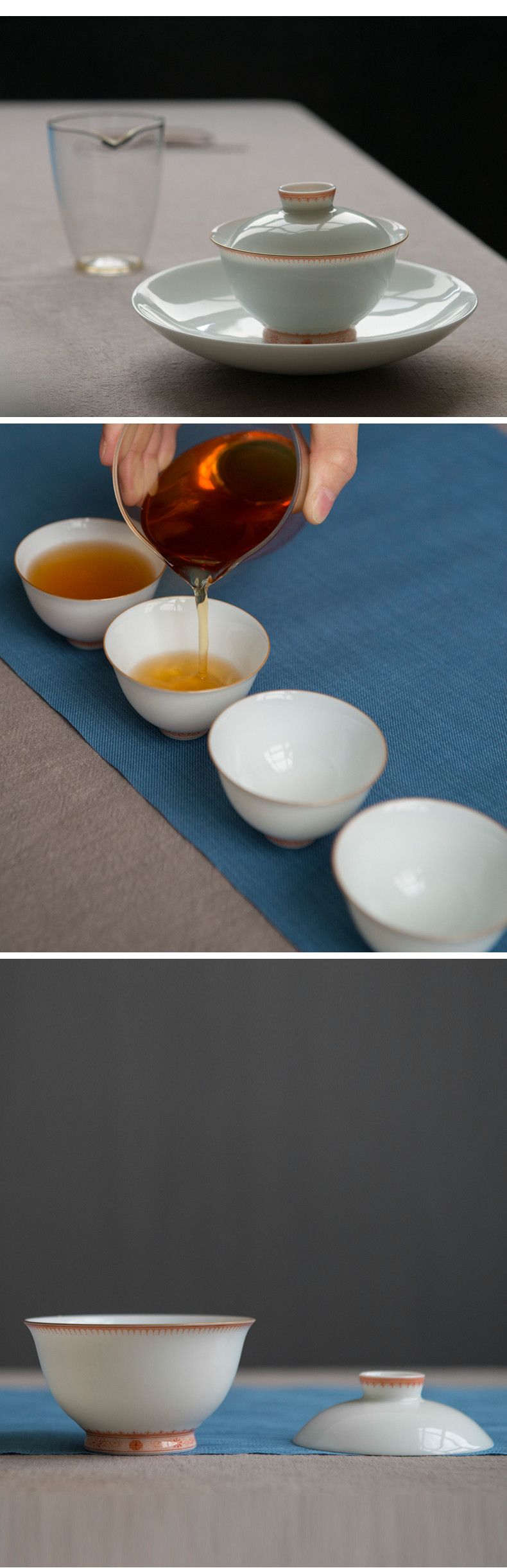 景德鎮手繪陶瓷茶具套裝家用青花瓷手繪功夫茶具白瓷茶具 紅釉邊角
