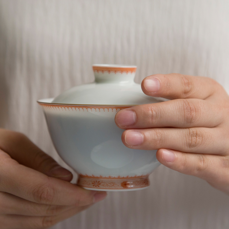 景德鎮手繪陶瓷茶具套裝家用青花瓷手繪功夫茶具白瓷茶具 紅釉邊角